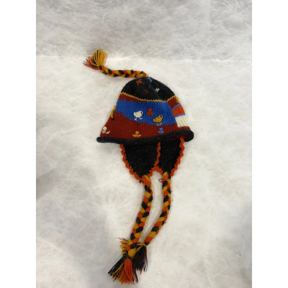 Vintage Hand Knit Kids Chullo Hat‎ Earflaps Tassels Folk Art House Bird Orange
